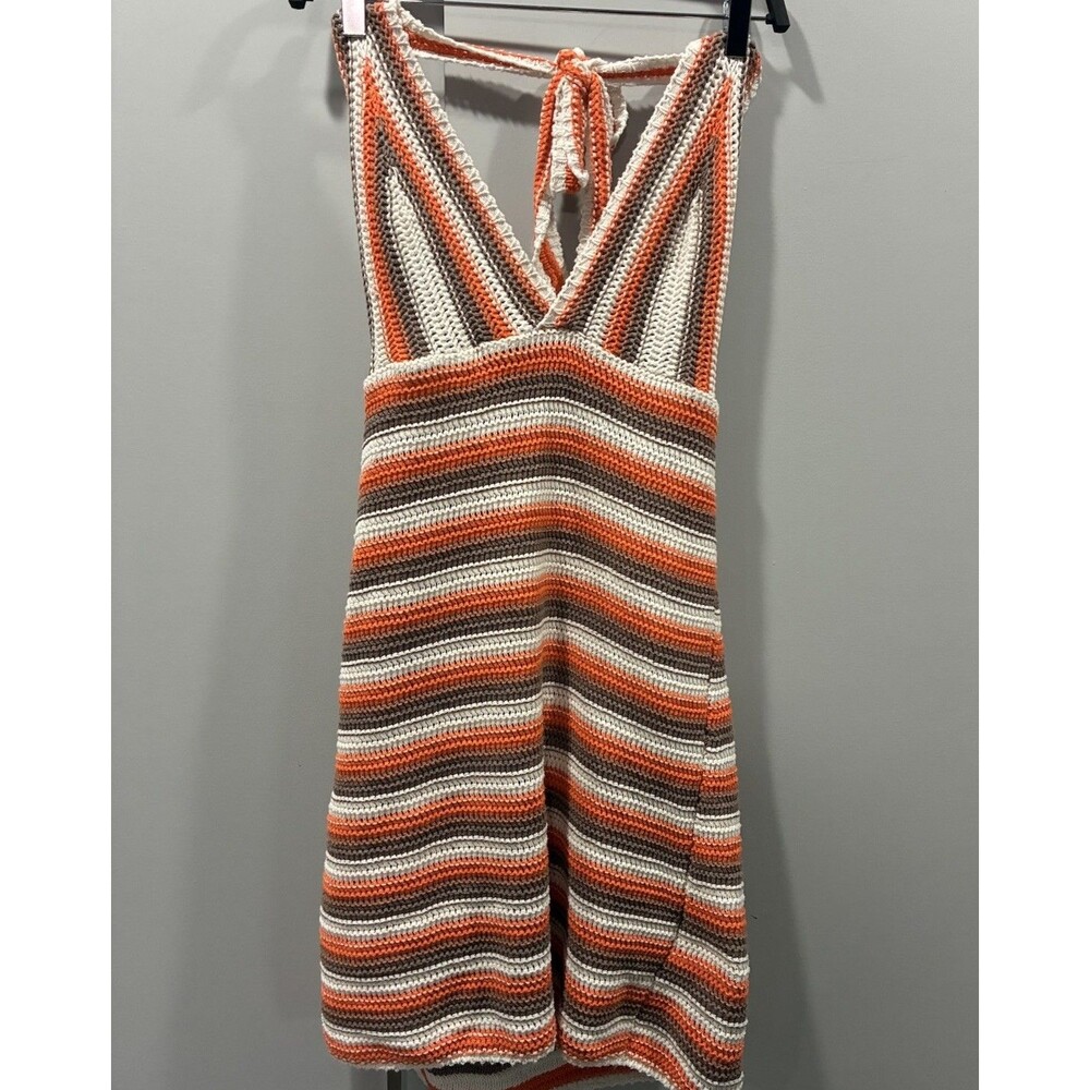 Neobeachie Crochet Halter Dress Festival Striped Knit Open Back